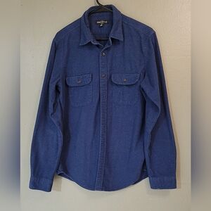 J. Crew Flannel Cotton Work Shirt Medium Slim Fit Blue‎ Suede Elbow Patches